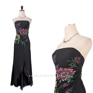 Vintage Jovani Silk Prom Dress Maxi Gown 4 Black Floral Y2K Fairy Bead Midi Glam